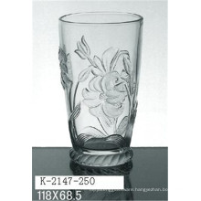 Hot selling food grade flower embossed glass cup for wine/juice/tea 250ml/9oz(glass factory had passed FDA/EU/SGS)
